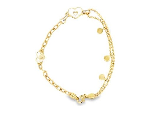 18K Yellow Gold Enamel Double-Strand Bracelet with Atomic Stone and Heart Motifs